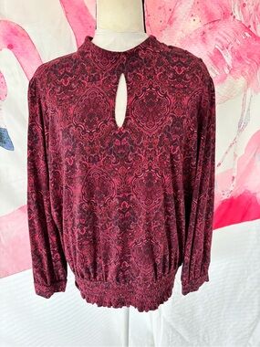 J. Jill Burgundy Paisley Keyhole Long-Sleeve Top 2X